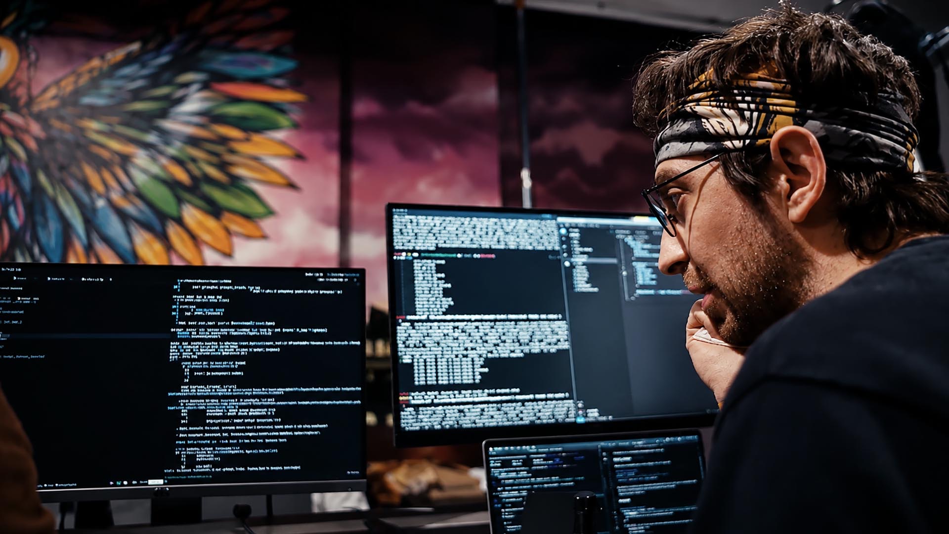 Person arbeitet an mehreren Monitoren mit Code