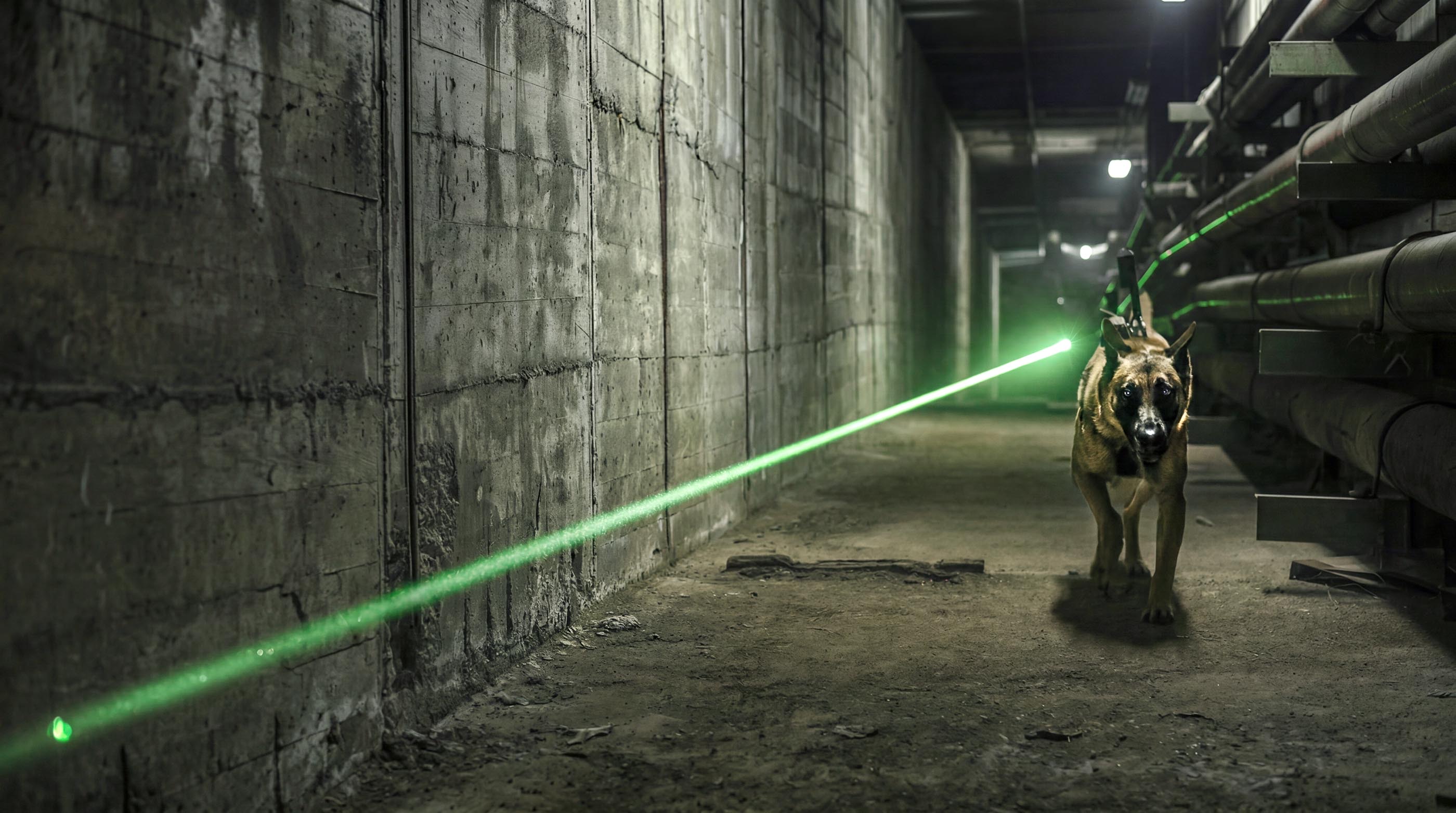 Diensthund mit Sensor läuft durch Tunnel mit grünem Laserstrahl