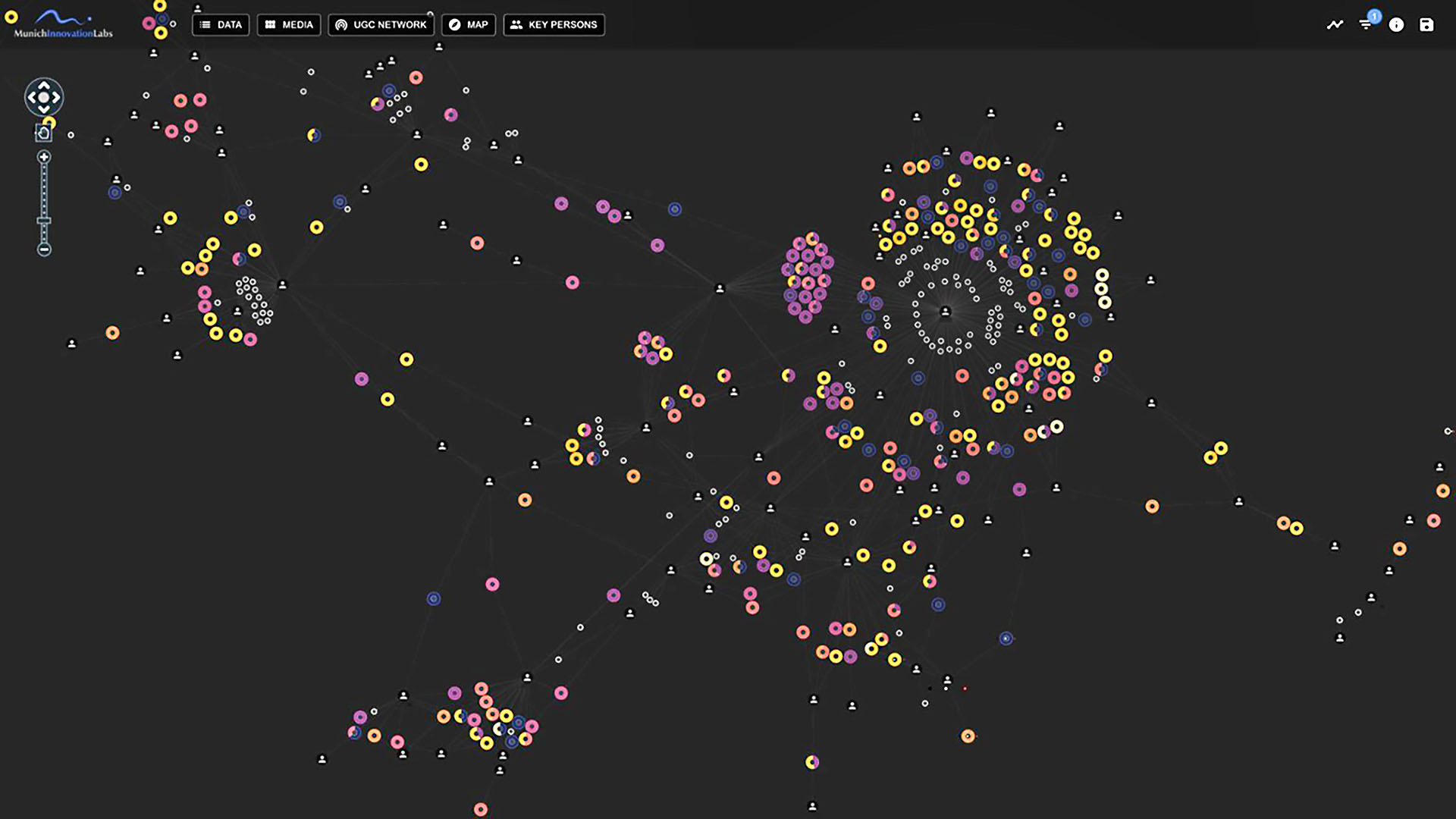 Interaktive Netzwerkvisualisierung mit verbundenen Datenpunkten auf dunklem Hintergrund