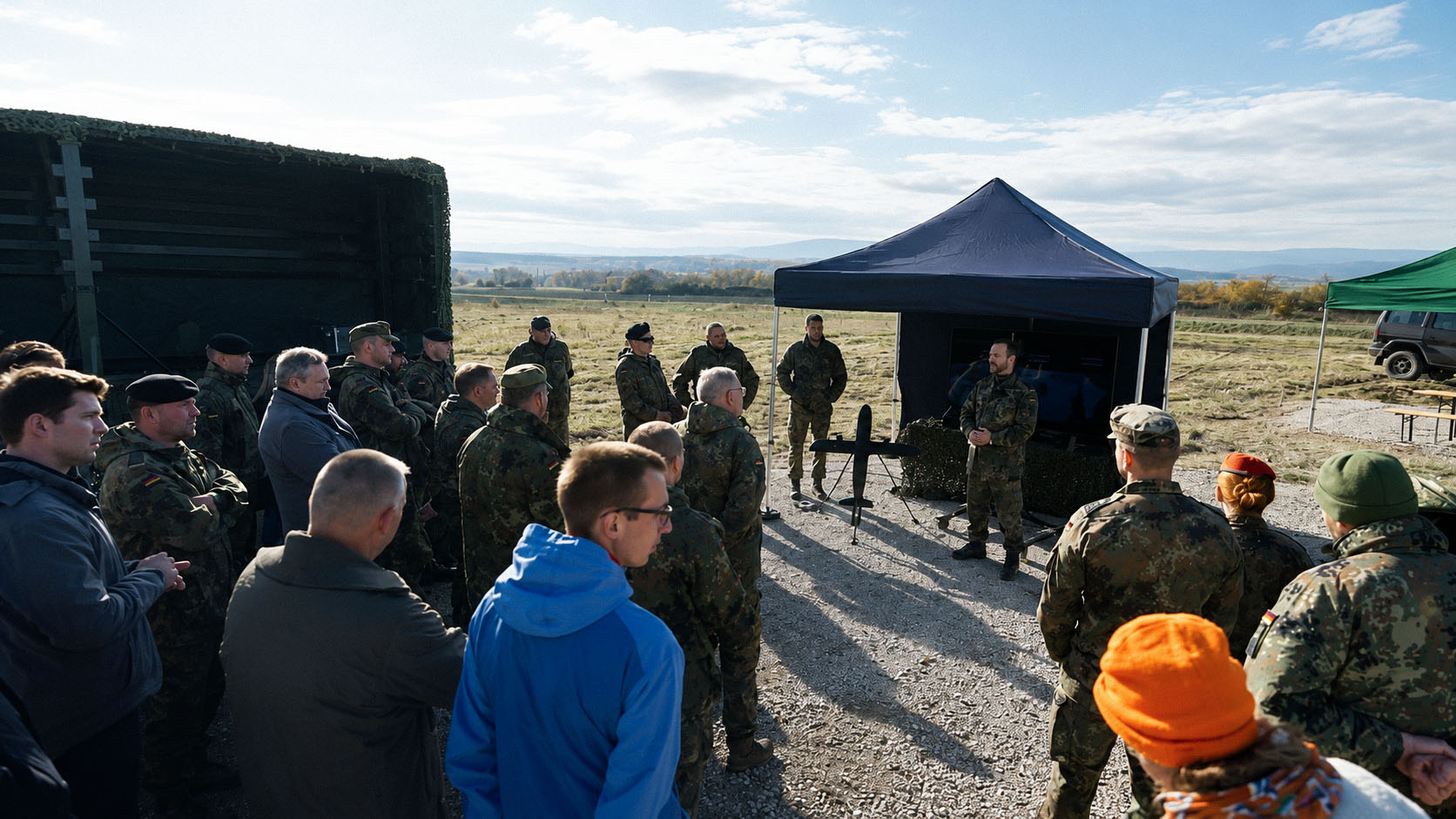 Gruppe von Soldaten steht im Kreis bei Einweisung im Außenbereich