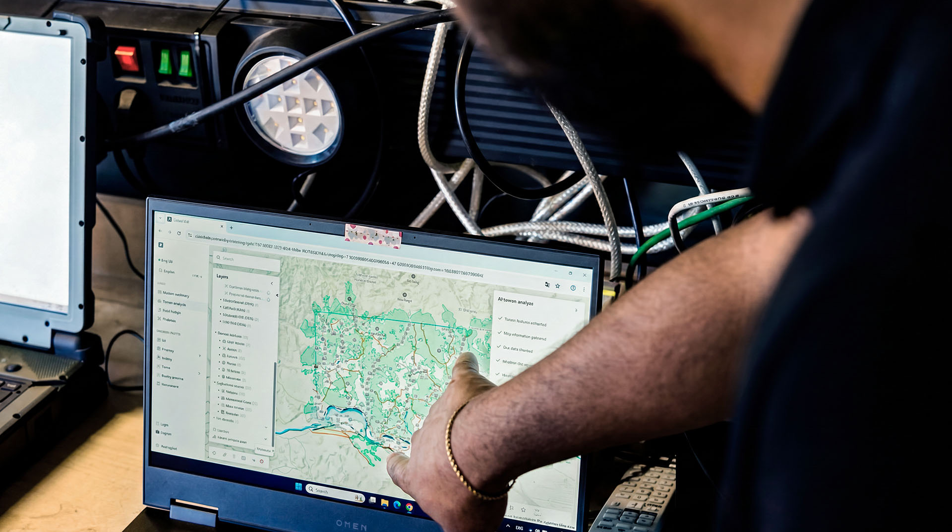 Person weist auf digitale Lagekarte auf Laptopbildschirm