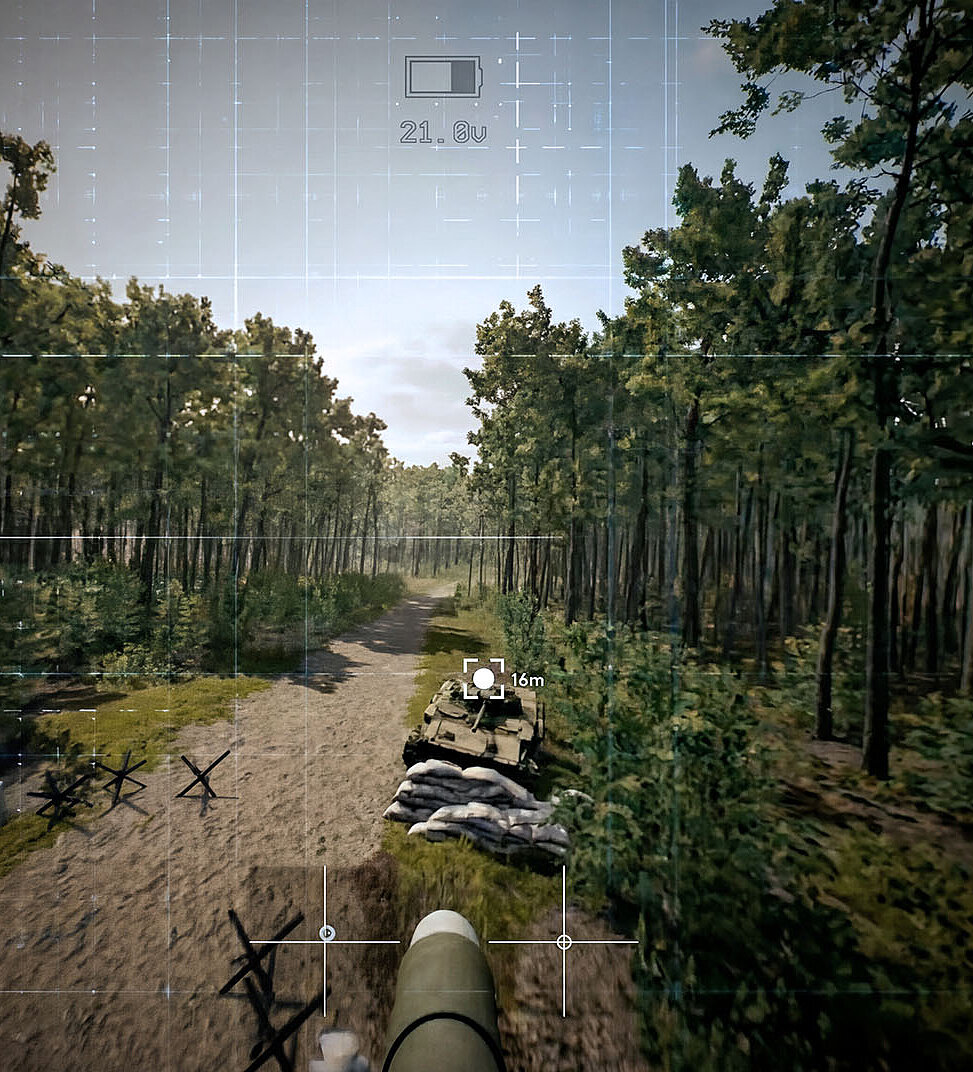 First-Person-Ansicht einer militärischen Simulation im Waldgebiet