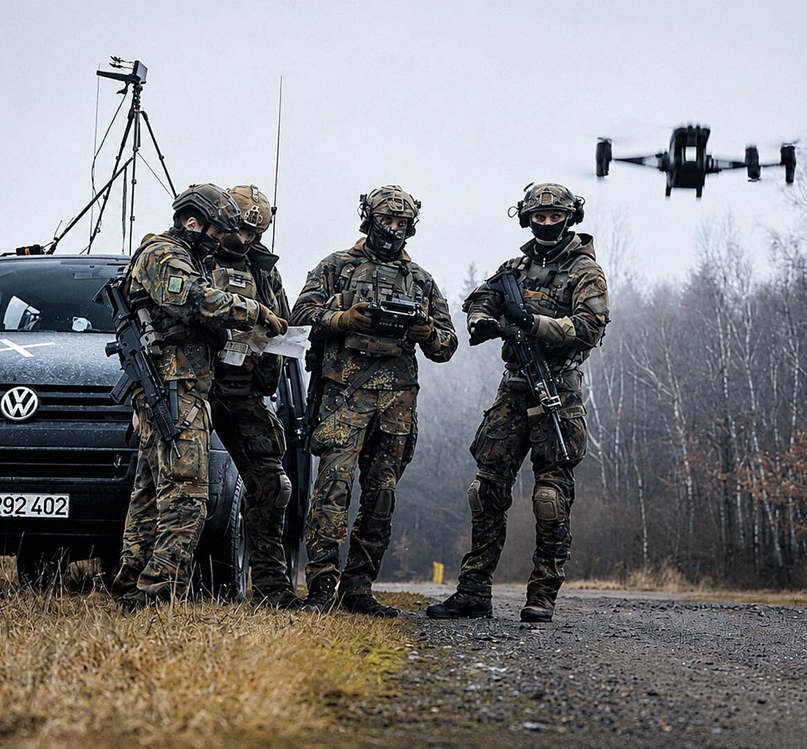 Vier Soldaten stehen neben Fahrzeug und steuern Drohne im Einsatz